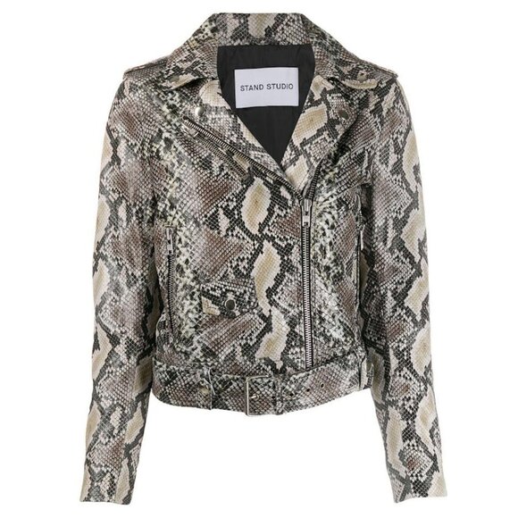 Stand Studio Jackets & Blazers - Stand Studio Polly Snakeskin-Effect Genuine Leather Biker Jacket
